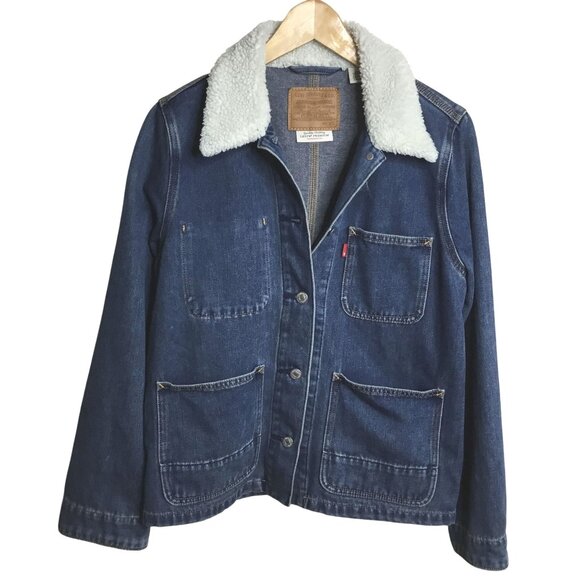 LEVI’S Premium Warm Core Coat Sherpa Denim Jacket XS Blue Workwear Utility Retro - Picture 1 of 7